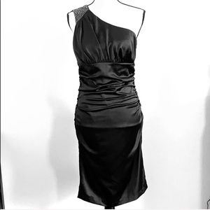 Black Satin One Shoulder Dress w/ Gunmetal Accent